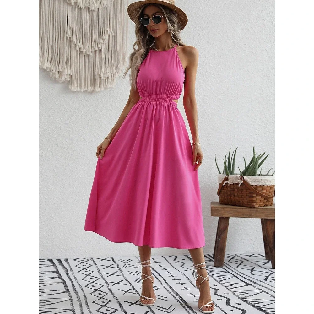 Halter Neck Cut Out Back backless midi Dress boho hot pink - Picture 4 of 7
